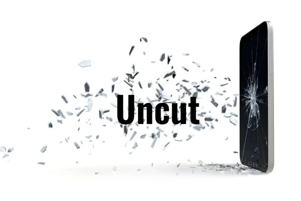 A black phone with the word uncut written on it.